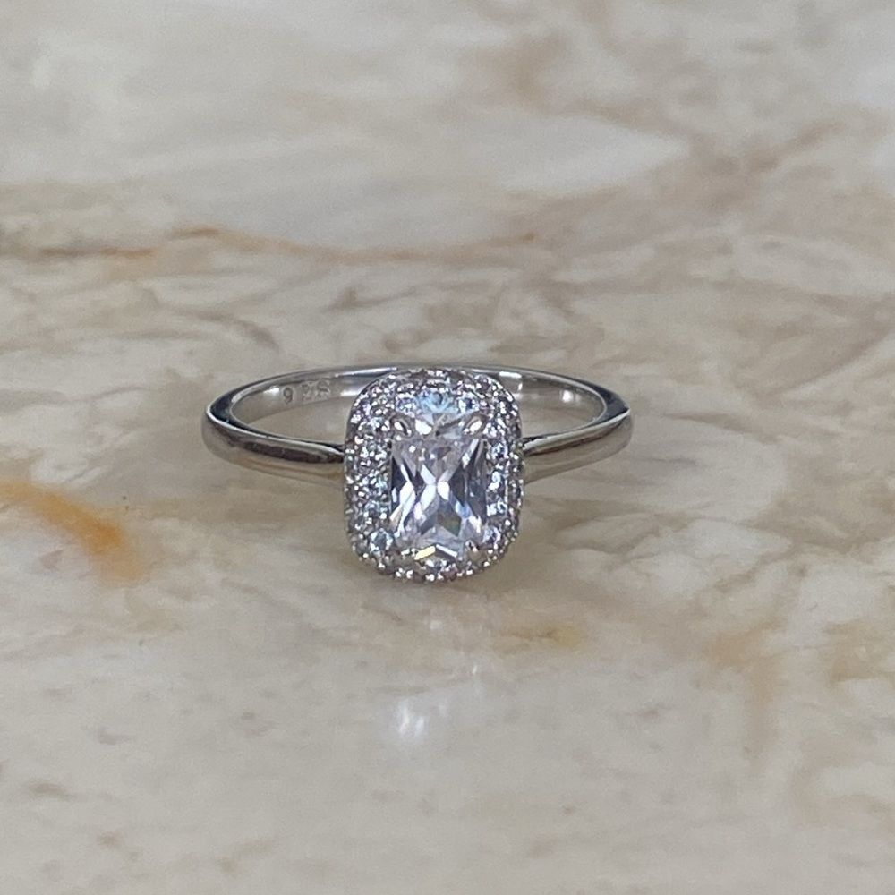 925 Sterling Silver & Cubic Zirconia Emerald Cut Halo Ring
